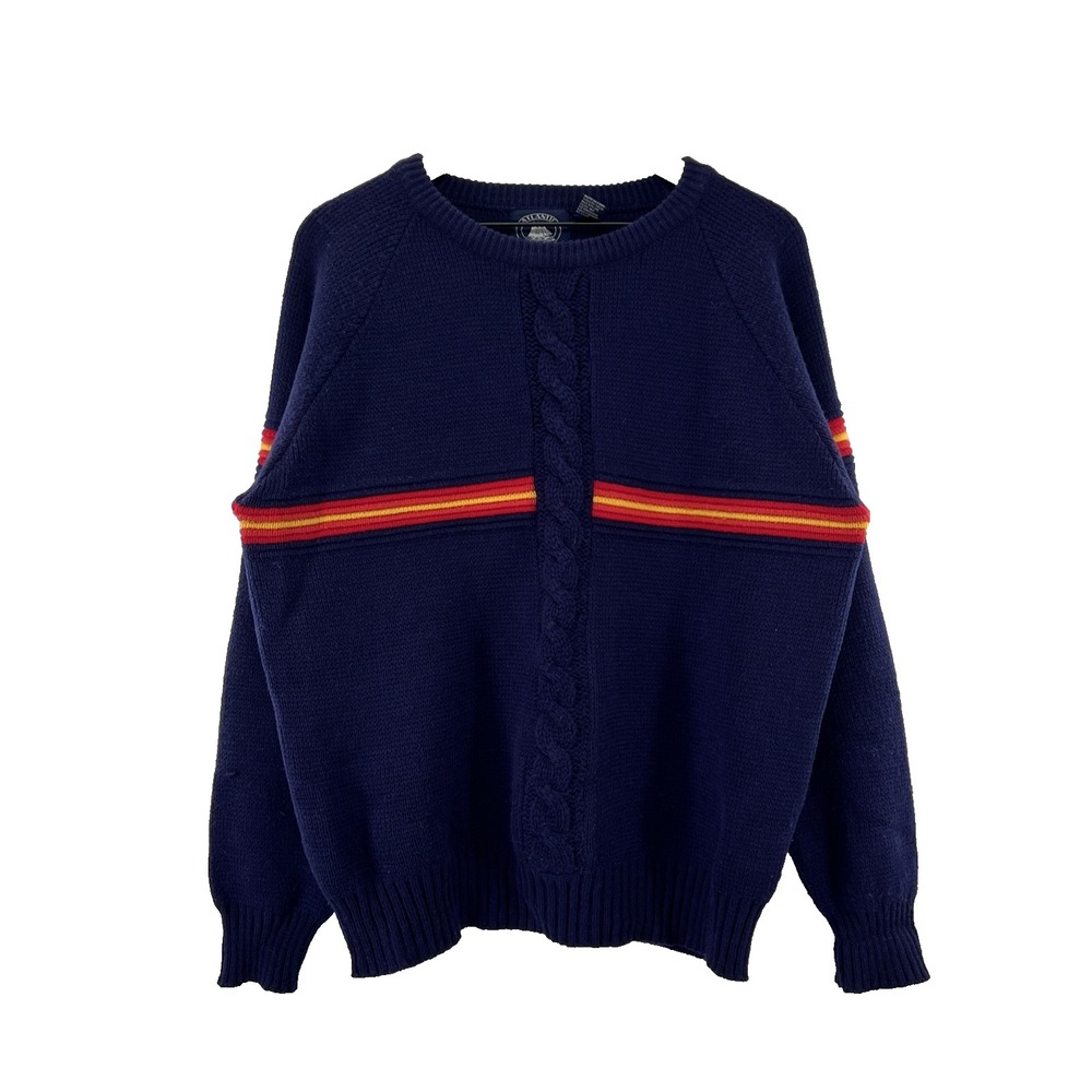 Vintage Mens Sweater Navy Stripe 70's XL Cable Knit Academia Varsity Skater